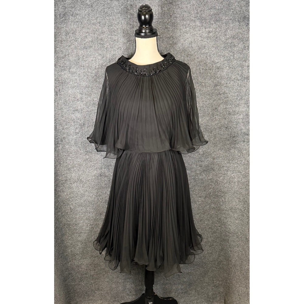 Vintage 60s Miss Elliette California Chiffon Midi Dress Flutter Cape Beaded Glam